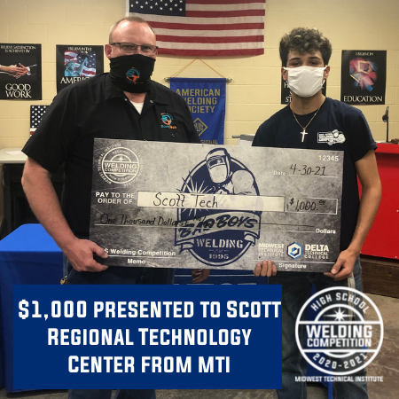 Midwest Technical Institute Presents $1,000 Donation to Scott Regional Technology Center Welding Department